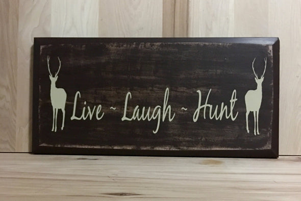 Live laugh hunying deer hunting wooden sign for man cave or cabin decor.